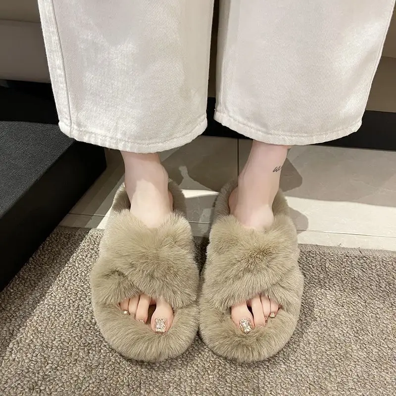 Furry Slippers for Women 2025 New Fashion Home Indoor Non-Slip High-Bottom Cotton Slippers for Women Versatile Outer Wear Thick Soles