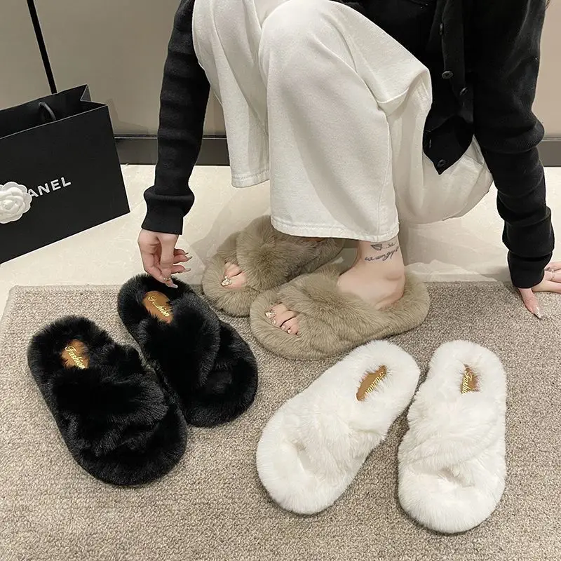 Furry Slippers for Women 2025 New Fashion Home Indoor Non-Slip High-Bottom Cotton Slippers for Women Versatile Outer Wear Thick Soles