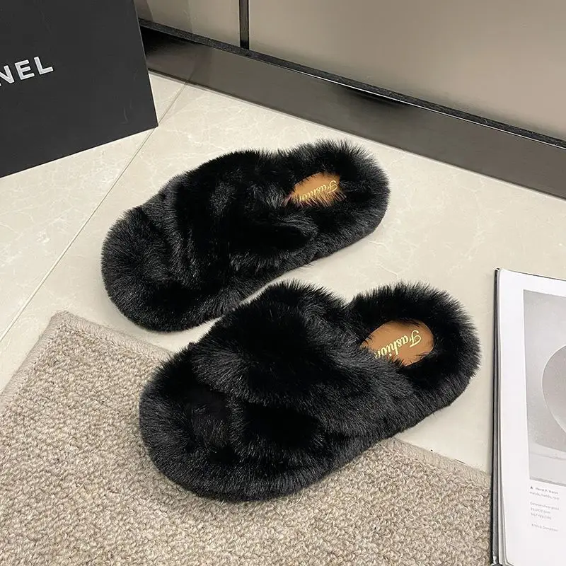 Furry Slippers for Women 2025 New Fashion Home Indoor Non-Slip High-Bottom Cotton Slippers for Women Versatile Outer Wear Thick Soles — feature 4