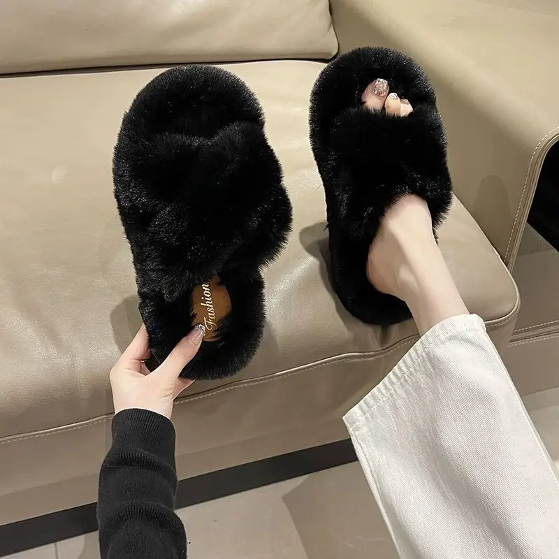 Furry Slippers for Women 2025 New Fashion Home Indoor Non-Slip High-Bottom Cotton Slippers for Women Versatile Outer Wear Thick Soles