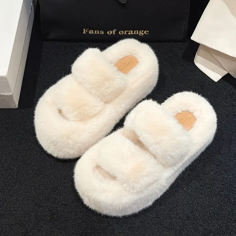 Furry Slippers for Women 2025 New Fashion Home Indoor Non-Slip High-Bottom Cotton Slippers for Women Versatile Outer Wear Thick Soles