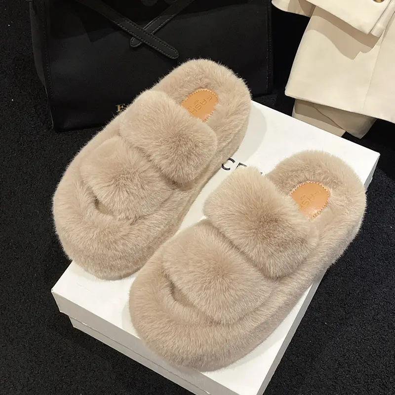 Furry Slippers for Women 2025 New Fashion Home Indoor Non-Slip High-Bottom Cotton Slippers for Women Versatile Outer Wear Thick Soles