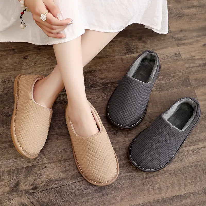Cotton Slippers Bag with Winter Women's Home Indoor Courtyard Home Couple's Non-slip Warm Fabric Lace Men's Heel