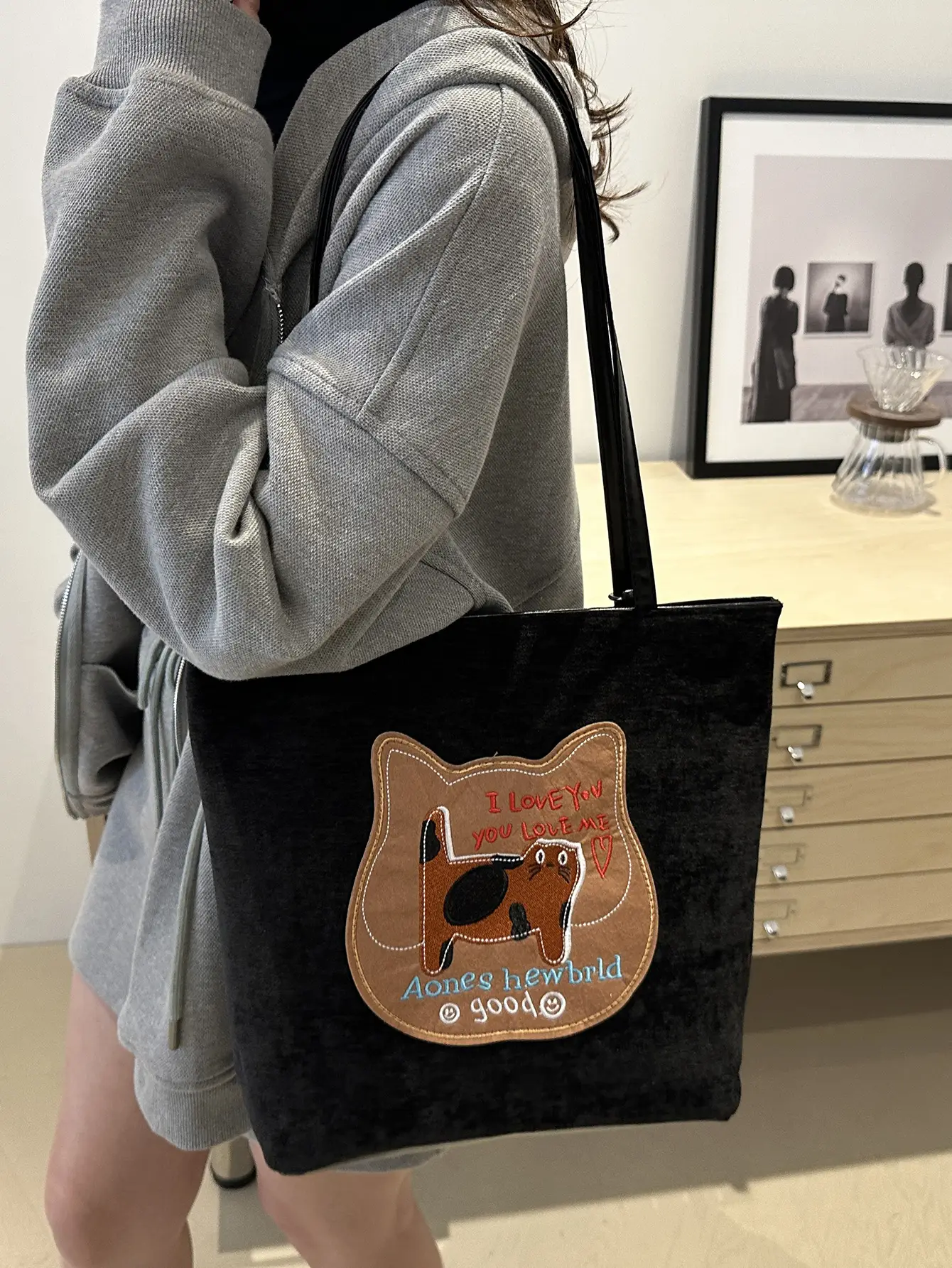 Women Biscuit Cat Shoulder Bag 2024 Grey Large Capacity - Image 8