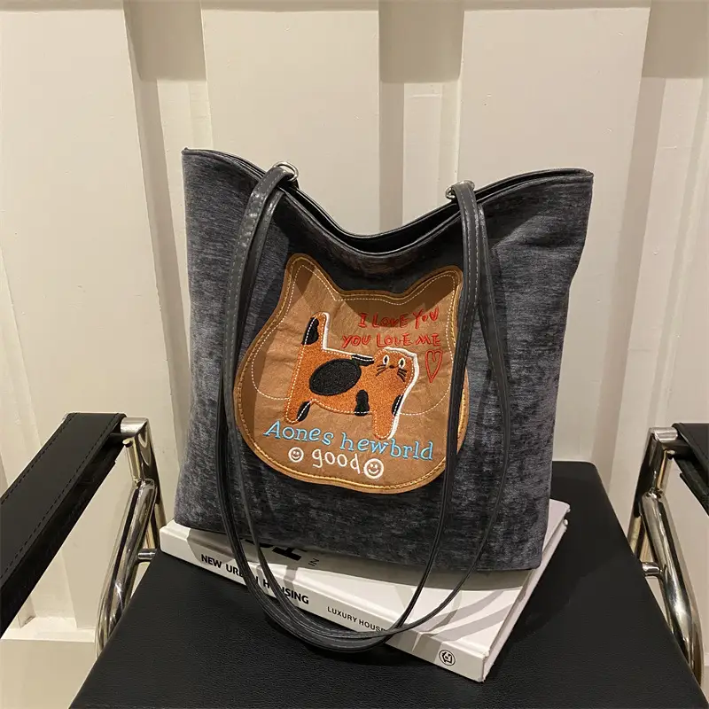 Women Biscuit Cat Shoulder Bag 2024 Grey Large Capacity - Image 2