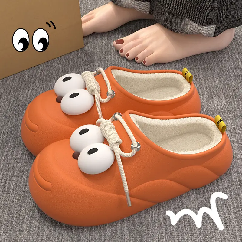Cartoon Big-eyed Cave Shoes Women's Autumn and Winter Home Home Thick Sole Outer Wear Toe-covered Cotton Slippers to Keep Warm Feeling by Stepping on Feces - Image 6