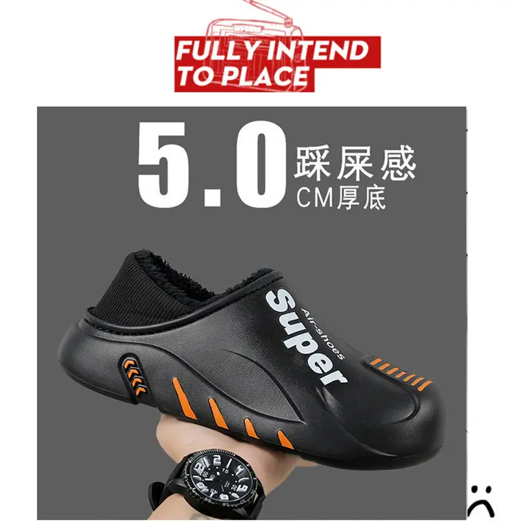 Winter cotton slippers men's bag with home waterproof fleece-lined bread cotton shoes boys wear office warm snow boots — feature 8