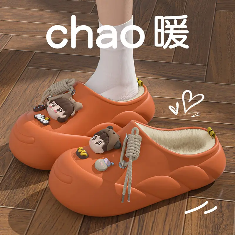 New Feeling Feeling Winter in stock Soft Bottom Cartoon Waterproof Toe Cotton Slippers EVA fleece-lined Warm for Ladies Home — feature 3
