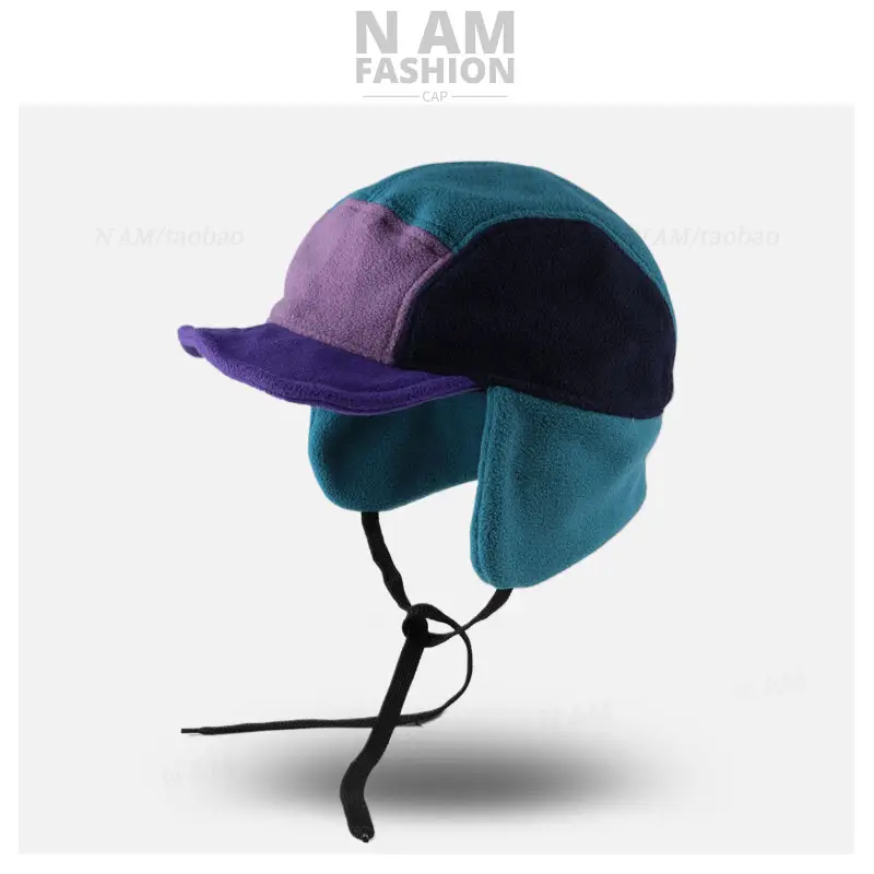 Men Windproof Fleece Cap Teal Purple Adjustable - Image 3