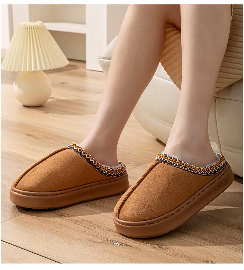 Cross-border foreign trade suede lace EVA soles indoor and outdoor home wood floor warm cotton slippers for men and women couples — feature 11
