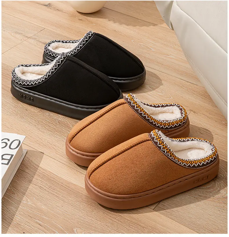 Cross-border foreign trade suede lace EVA soles indoor and outdoor home wood floor warm cotton slippers for men and women couples — feature 13