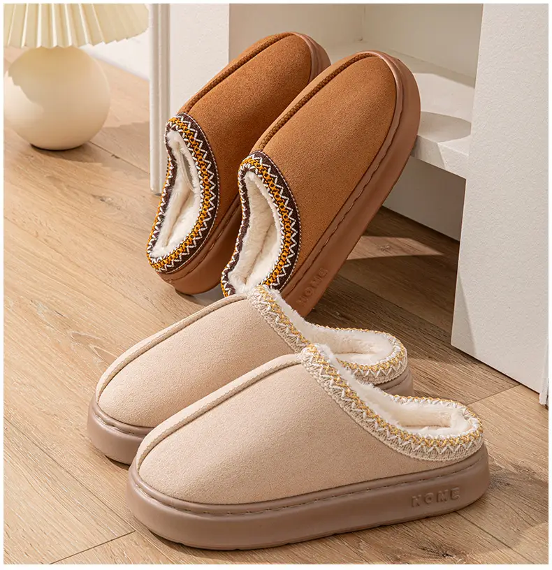Cross-border foreign trade suede lace EVA soles indoor and outdoor home wood floor warm cotton slippers for men and women couples — feature 14