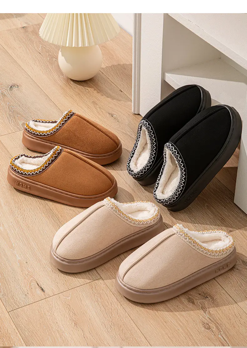 Cross-border foreign trade suede lace EVA soles indoor and outdoor home wood floor warm cotton slippers for men and women couples — feature 3