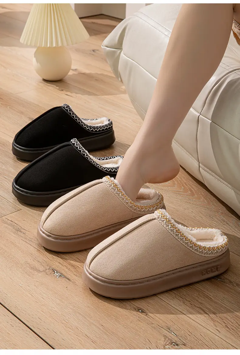 Cross-border foreign trade suede lace EVA soles indoor and outdoor home wood floor warm cotton slippers for men and women couples — feature 9