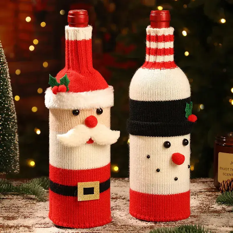 Christmas Wine Bottle Set Santa Knitted Red Decor - Image 8
