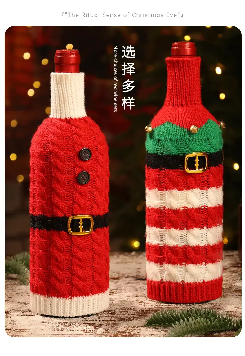Christmas Wine Bottle Set Santa Knitted Red Decor — feature 10