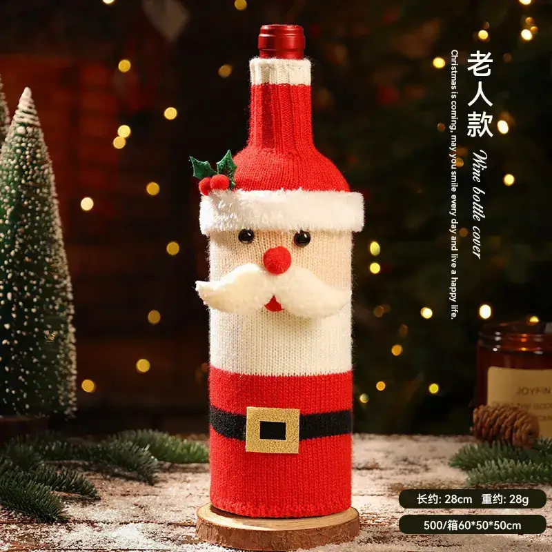Christmas Wine Bottle Set Santa Knitted Red Decor - Image 2