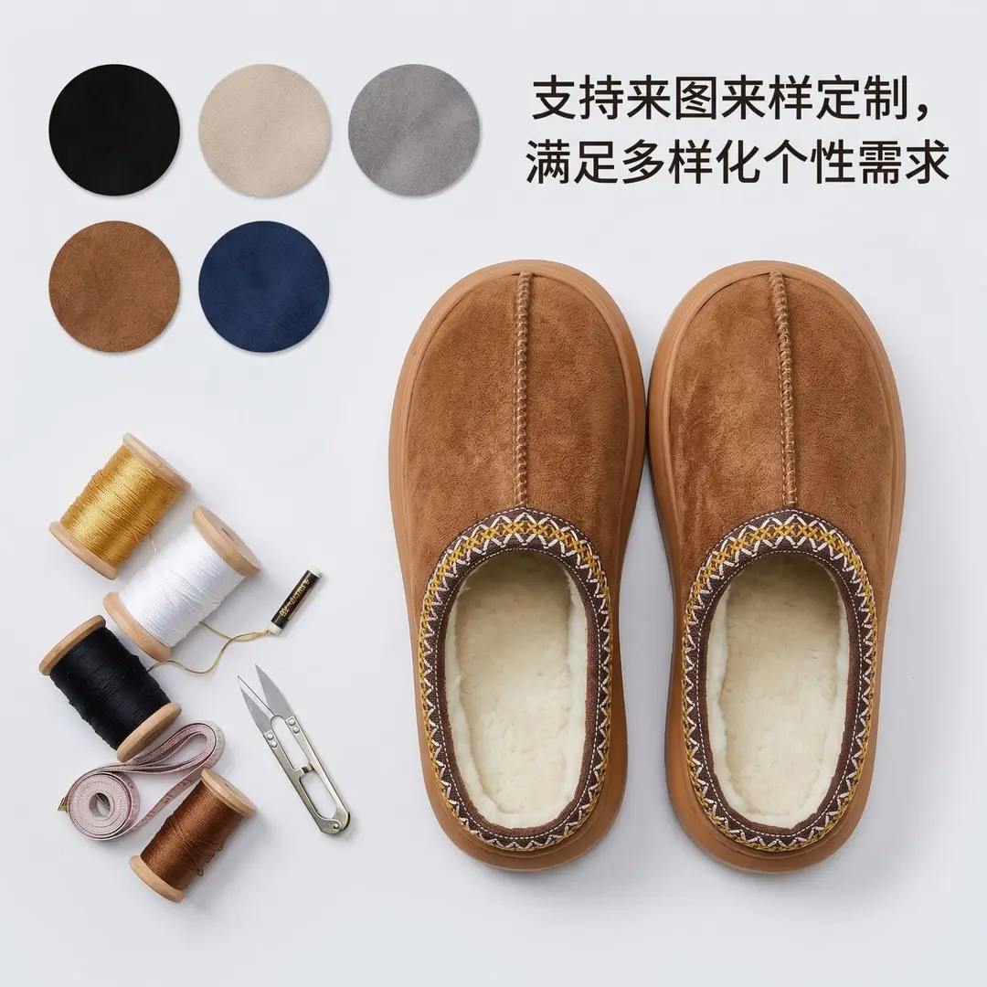 Cross-Border Foreign Trade Wholesale Furry Slippers for Women, Autumn and Winter Ethnic Style Cotton Slippers for Home Couples, Warm Thick-Soled Cotton Slippers