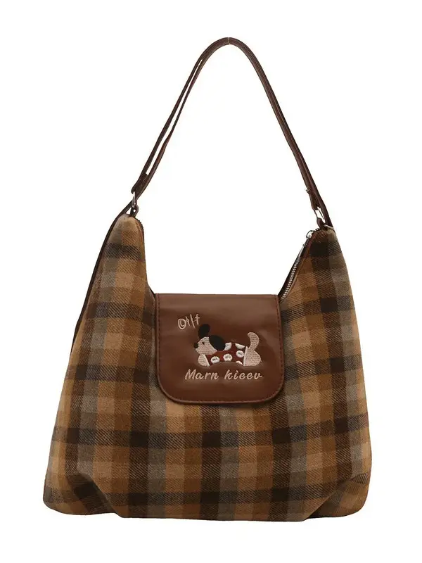 Early Autumn Plaid Dog Cloud Bag Large Capacity College Style Backpack Commuter Tote Bag Shoulder Crossbody Bag - Image 7