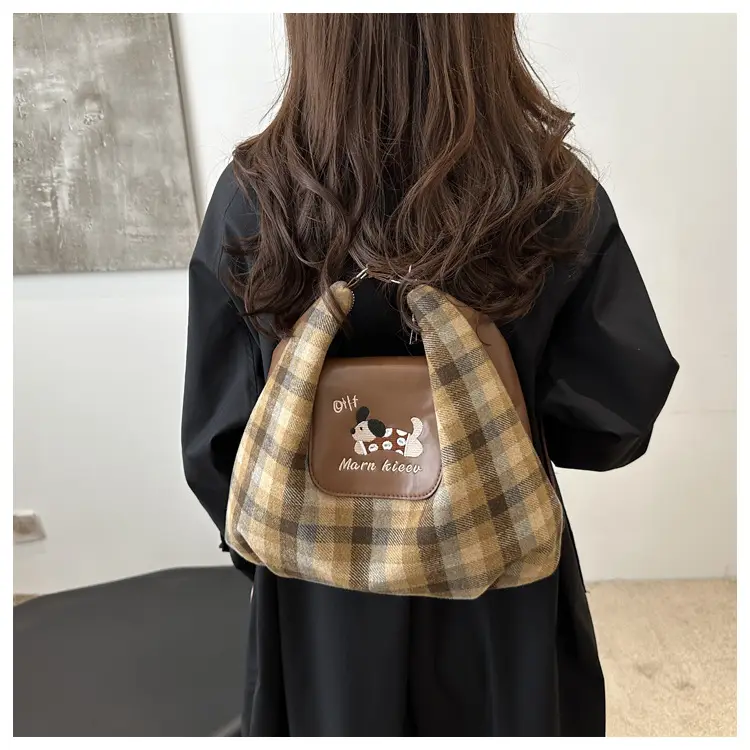 Early Autumn Plaid Dog Cloud Bag Large Capacity College Style Backpack Commuter Tote Bag Shoulder Crossbody Bag — feature 10