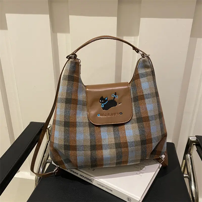 Early Autumn Plaid Dog Cloud Bag Large Capacity College Style Backpack Commuter Tote Bag Shoulder Crossbody Bag - Image 2