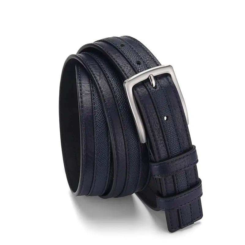 Men Navy Blue Leather Belt with Silver Buckle - Image 4