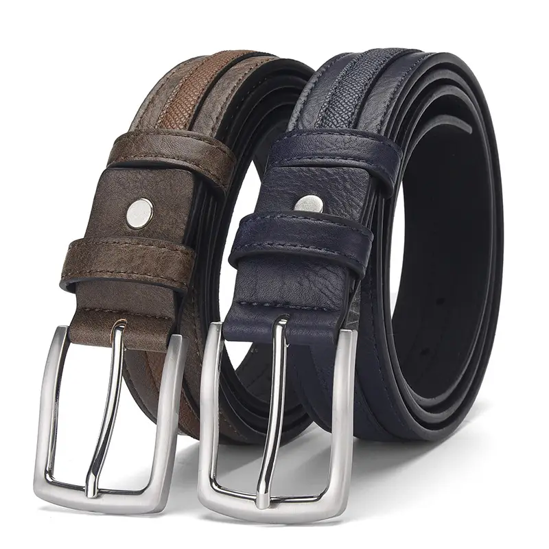Men Navy Blue Leather Belt with Silver Buckle - Image 5