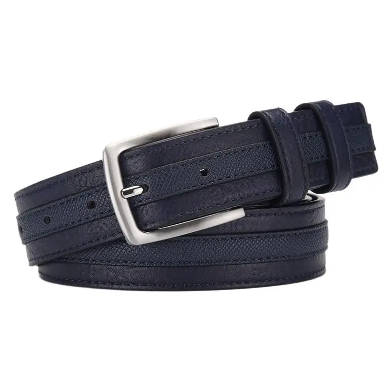 Men Navy Blue Leather Belt with Silver Buckle - Image 8