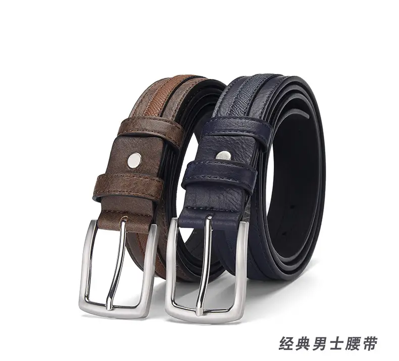 Men Navy Blue Leather Belt with Silver Buckle — feature 1