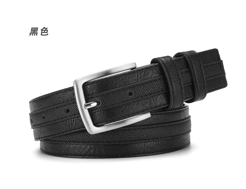Men Navy Blue Leather Belt with Silver Buckle — feature 2