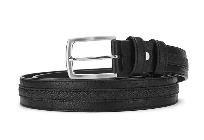 Men Navy Blue Leather Belt with Silver Buckle — feature 3