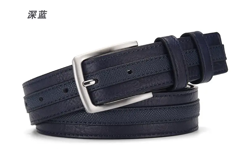 Men Navy Blue Leather Belt with Silver Buckle — feature 4