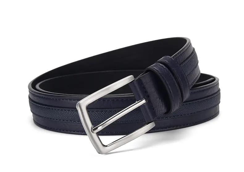 Men Navy Blue Leather Belt with Silver Buckle — feature 5