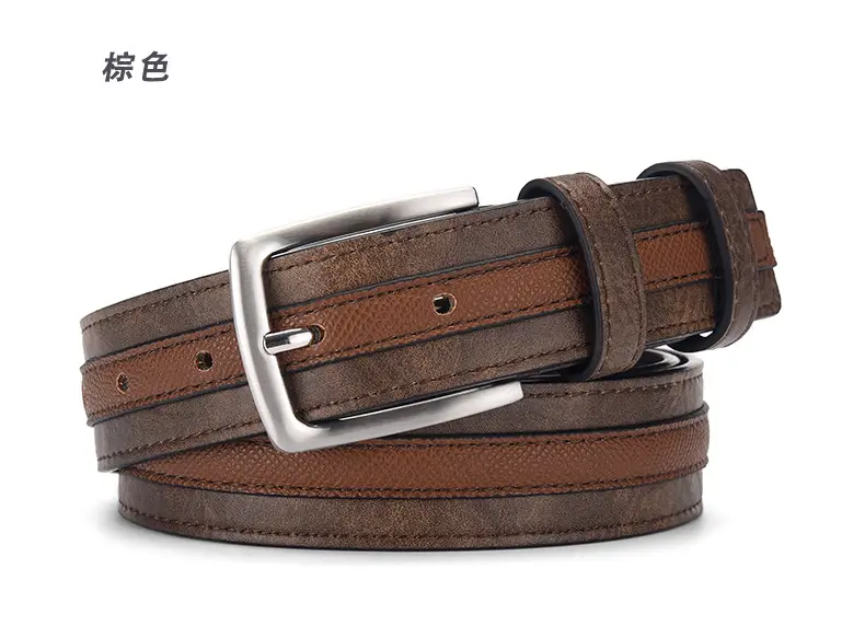 Men Navy Blue Leather Belt with Silver Buckle — feature 6