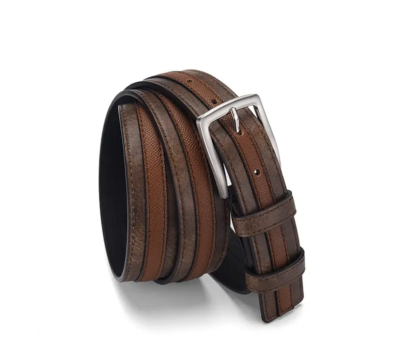 Men Navy Blue Leather Belt with Silver Buckle — feature 7