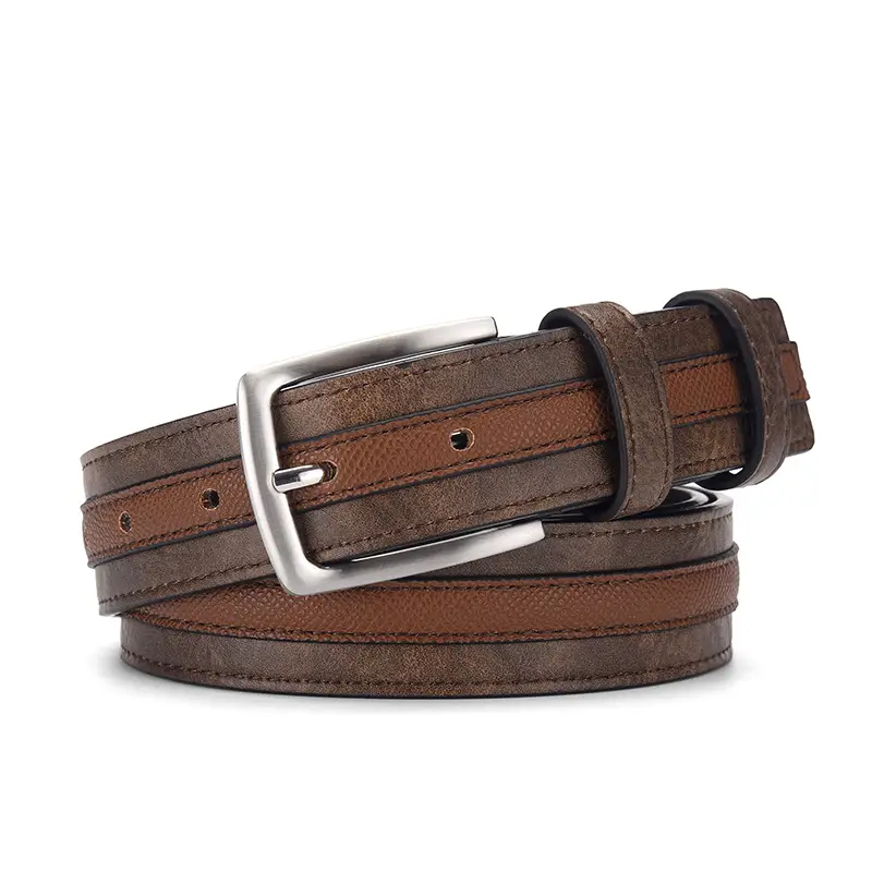 Men Navy Blue Leather Belt with Silver Buckle - Image 2