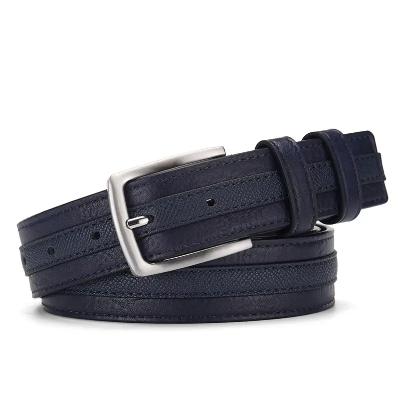 Men Navy Blue Leather Belt with Silver Buckle - Image 3