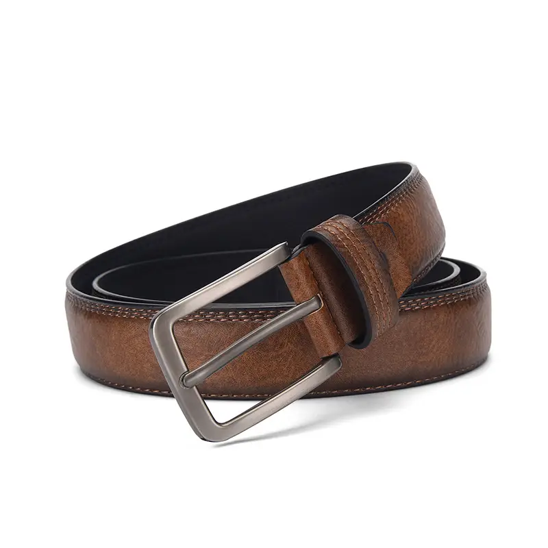 Men's Brown Leather Belt with Silver Buckle - Image 2