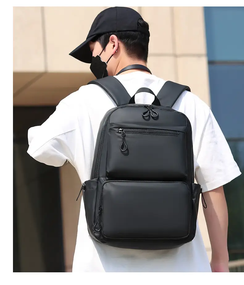 Cross-Border Leather Film Solid Color Computer Bag Casual Casual Multi-Layer Pocket Large Capacity Backpack 15.6inch Notebook Bag — feature 15