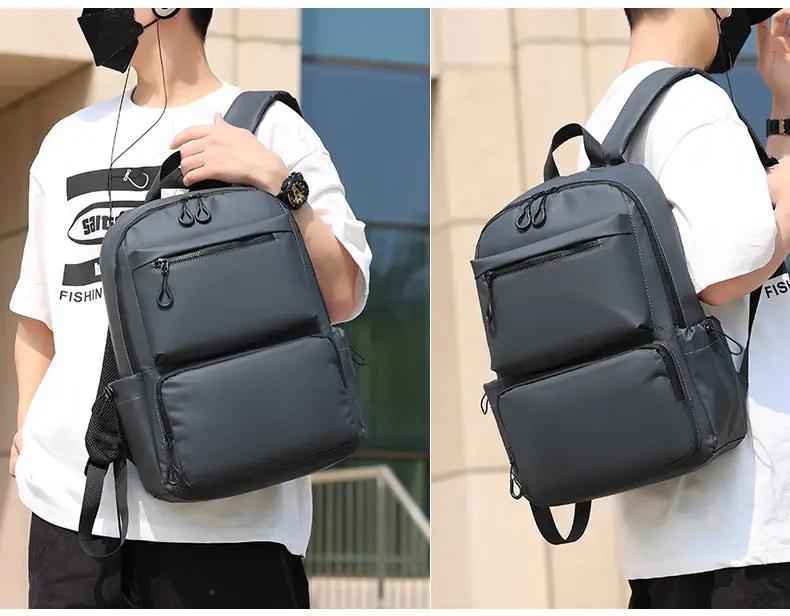 Cross-Border Leather Film Solid Color Computer Bag Casual Casual Multi-Layer Pocket Large Capacity Backpack 15.6inch Notebook Bag — feature 16