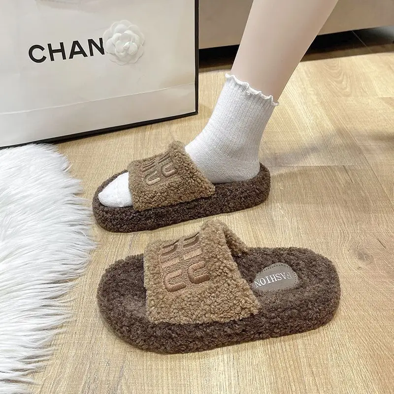 Thick bottom fluffy slippers women's outer wear 2024 new autumn and winter lamb fluffy net popular fashion home cotton slippers — feature 11