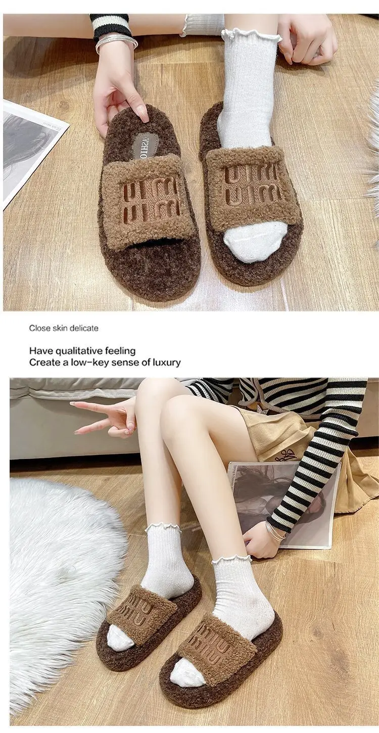 Thick bottom fluffy slippers women's outer wear 2024 new autumn and winter lamb fluffy net popular fashion home cotton slippers — feature 13