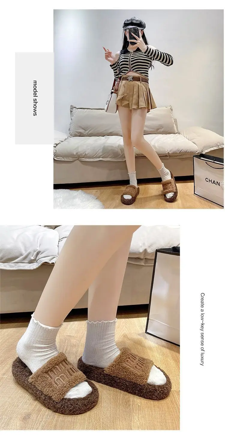 Thick bottom fluffy slippers women's outer wear 2024 new autumn and winter lamb fluffy net popular fashion home cotton slippers — feature 15