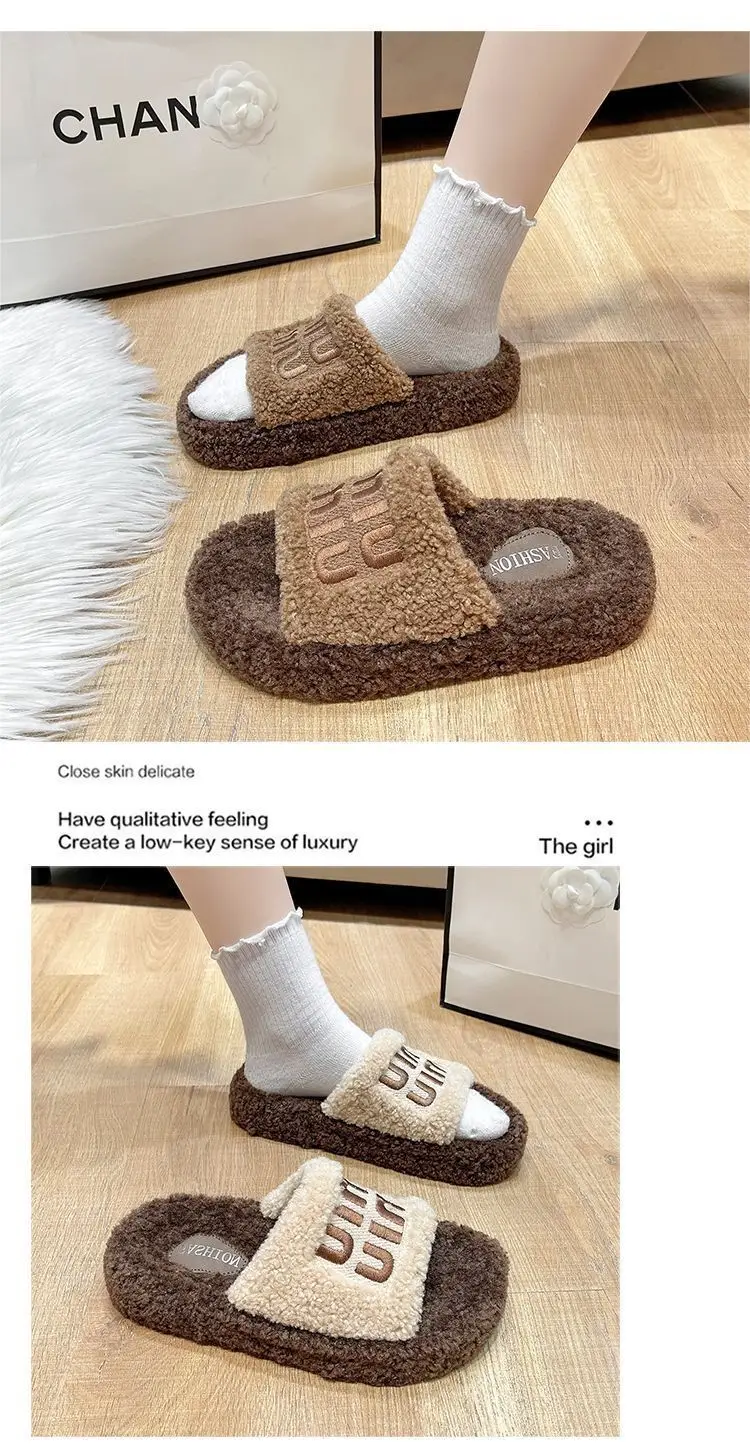 Thick bottom fluffy slippers women's outer wear 2024 new autumn and winter lamb fluffy net popular fashion home cotton slippers — feature 16