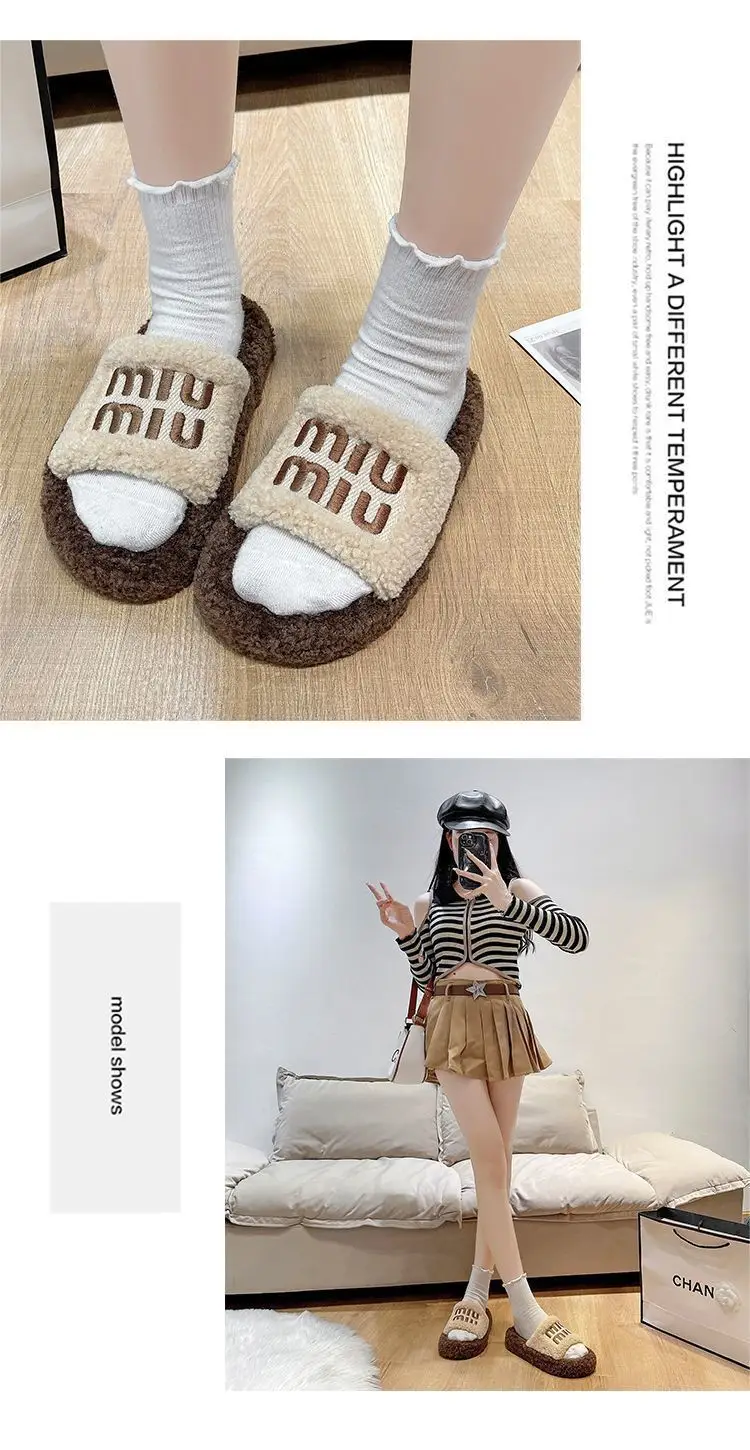 Thick bottom fluffy slippers women's outer wear 2024 new autumn and winter lamb fluffy net popular fashion home cotton slippers — feature 18