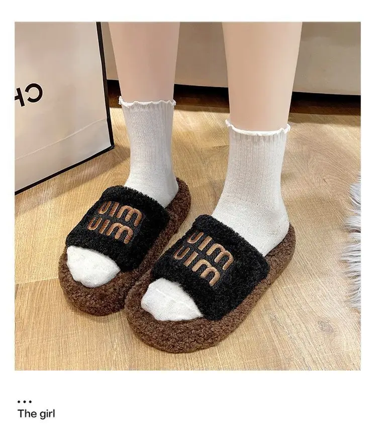 Thick bottom fluffy slippers women's outer wear 2024 new autumn and winter lamb fluffy net popular fashion home cotton slippers — feature 19