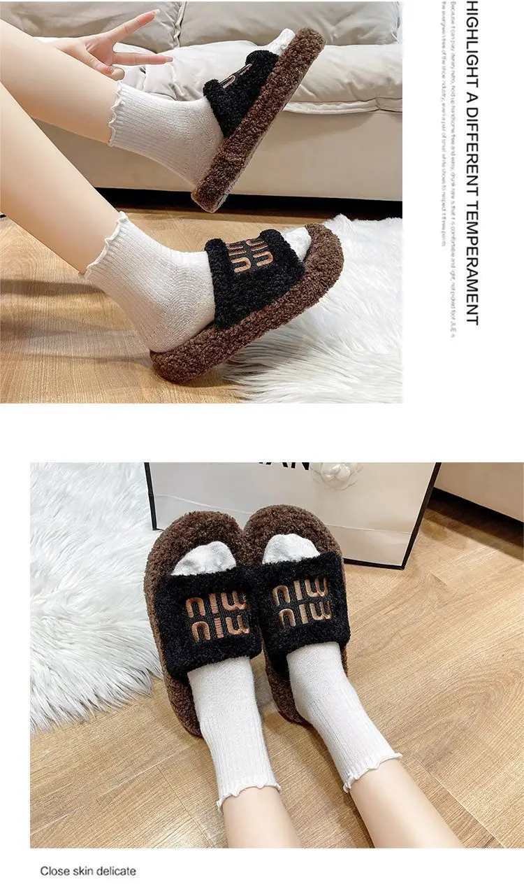 Thick bottom fluffy slippers women's outer wear 2024 new autumn and winter lamb fluffy net popular fashion home cotton slippers — feature 20