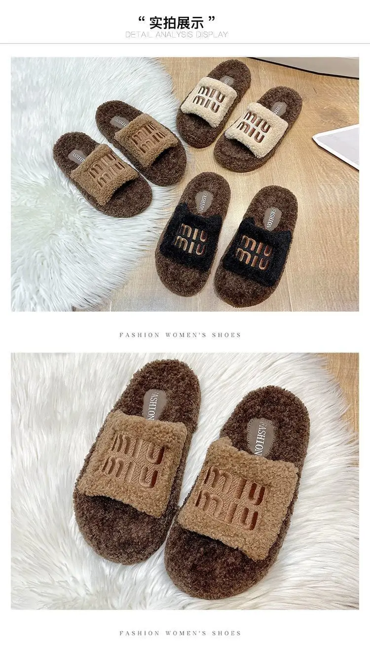 Thick bottom fluffy slippers women's outer wear 2024 new autumn and winter lamb fluffy net popular fashion home cotton slippers — feature 23