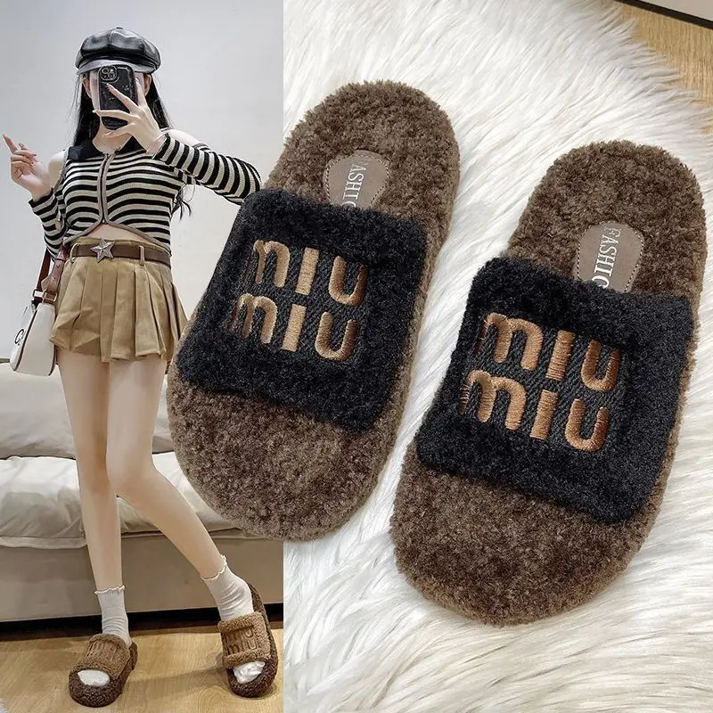 Thick bottom fluffy slippers women's outer wear 2024 new autumn and winter lamb fluffy net popular fashion home cotton slippers — feature 5