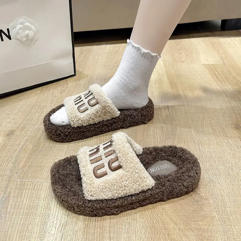 Thick bottom fluffy slippers women's outer wear 2024 new autumn and winter lamb fluffy net popular fashion home cotton slippers — feature 9
